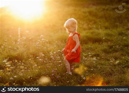 Portrait of a little beautiful girl in red dress on nature on summer day vacation. The playing in the green field at the sunset time. Close Up. The concept of family holiday and time together. Portrait of a little beautiful girl in red dress on nature on summer day vacation. The playing in the green field at the sunset time. Close Up. The concept of family holiday and time together.