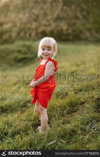 Portrait of a little beautiful girl in red dress on nature on summer day vacation. The playing in the park at the sunset time. Close Up. The concept of family holiday and time together. Portrait of a little beautiful girl in red dress on nature on summer day vacation. The playing in the park at the sunset time. Close Up. The concept of family holiday and time together.