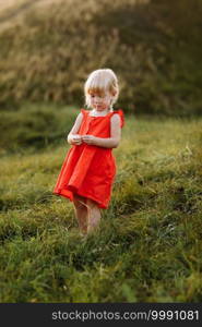Portrait of a little beautiful girl in red dress on nature on summer day vacation. The playing in the park at the sunset time. Close Up. The concept of family holiday and time together. Portrait of a little beautiful girl in red dress on nature on summer day vacation. The playing in the park at the sunset time. Close Up. The concept of family holiday and time together.