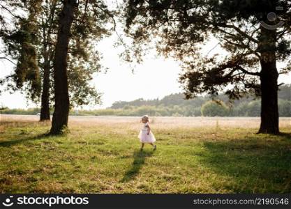Portrait of a little beautiful girl on nature on summer day vacation. child in dress is playing in the green park at the sunset time. The concept of family holiday and time together.. Portrait of a little beautiful girl on nature on summer day vacation. child in dress is playing in the green park at the sunset time. The concept of family holiday and time together