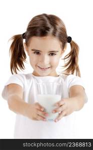 Portrait of a little girl holding a cup of milk, isolated on white