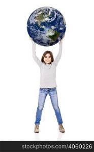 Portrait of a little girl holding a small planet earth on her hands, isolated on white background