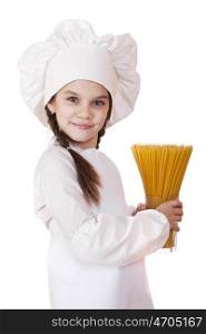 Portrait of a little girl in a white apron holding a glass of spaghetti, isolated on white background