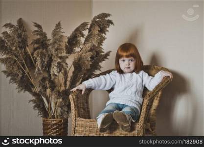 Portrait of a little girl in the white sweater.. Child with red hair in a white sweater 4408.