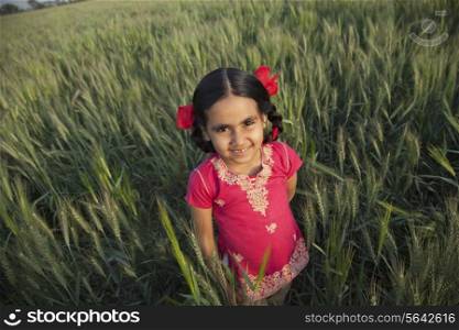 Portrait of a little girl standing in a wheat field
