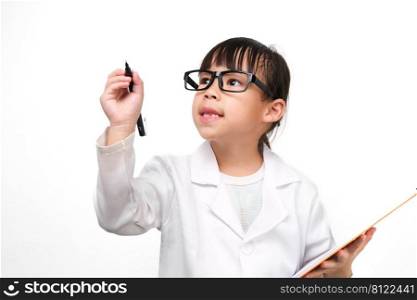 Portrait of a little scientist holding a clipboard with a pen thinking on a white background. A little girl role playing in a doctor or science costume.