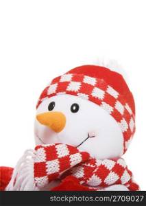 Portrait of a little snowman in red touque & scarf.