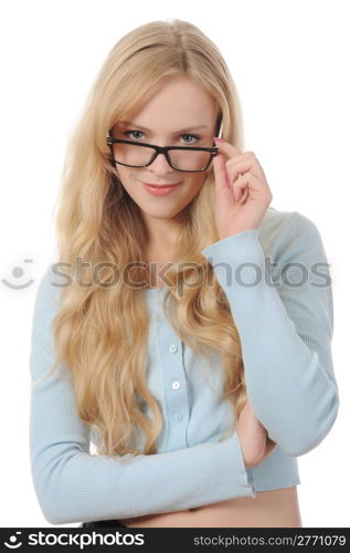 Portrait of a long-haired beautiful young woman. Isolated on white background