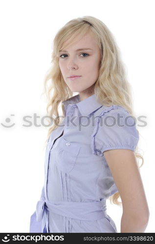 Portrait of a long-haired beautiful young woman. Isolated on white background