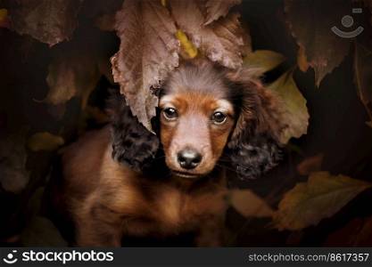 Portrait of a long-haired dachshund puppy. The dachshund is a breed typical for its low legs and long, compact body