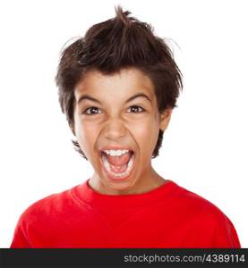 Portrait of a mad boy screaming, upset child with open mouth yelling very loud, stress and bad mood facial expression, isolated on white background