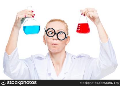 portrait of a mad lab technician with two flasks of colored substances on a white background