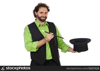 Portrait of a magician with his barite on a over white background