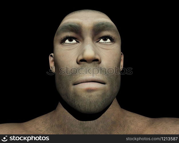 Portrait of a male Homo Erectus, prehistoric ancestor that lived around 1.8 million years ago, in black background. Homo erectus male - 3D render