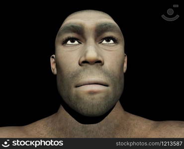 Portrait of a male Homo Erectus, prehistoric ancestor that lived around 1.8 million years ago, in black background. Homo erectus male - 3D render