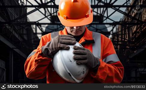 Portrait of a male worker holding a safety helmet. Industrial background