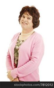 Portrait of a man dressed as a woman. Humorous photo, deliberately unconvincing. Isolated on white.