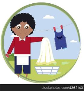 Portrait of a man holding a towel above a laundry basket