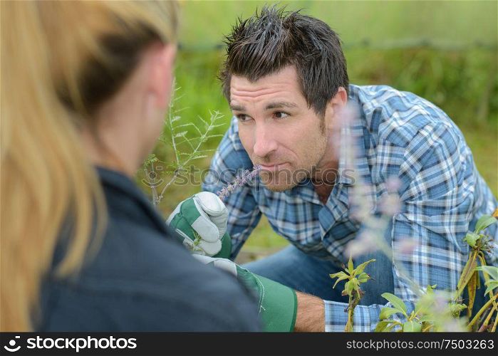 portrait of a man smelling plant