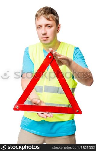 Portrait of a man with an emergency stop sign on a white background