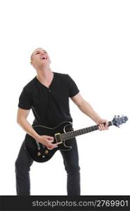 Portrait of a man with guitar. Isolated on white background