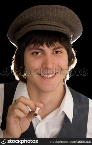 Portrait of a marry man with a cigarette. Isolated on black