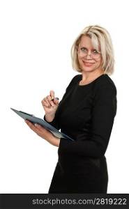 Portrait of a mature business woman with documents in hand isolated on white background