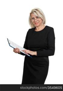 Portrait of a mature business woman with documents in hand isolated on white background