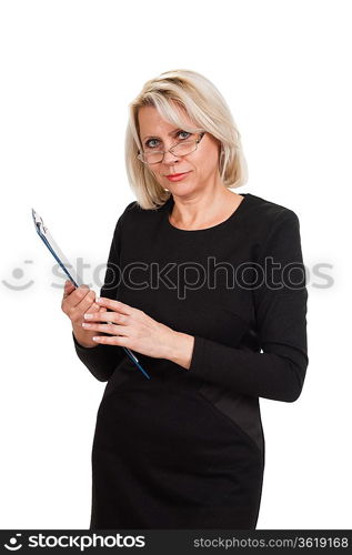 Portrait of a mature business woman with documents in hand isolated on white background