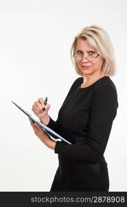 Portrait of a mature business woman with documents in hand on white background