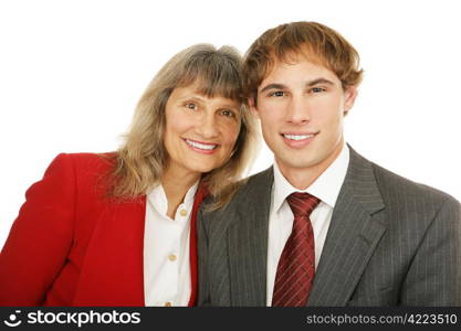 Portrait of a mature businesswoman and her young male protege. Isolated on white.
