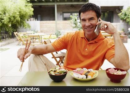 Portrait of a mature man sitting at the table and talking on a mobile phone