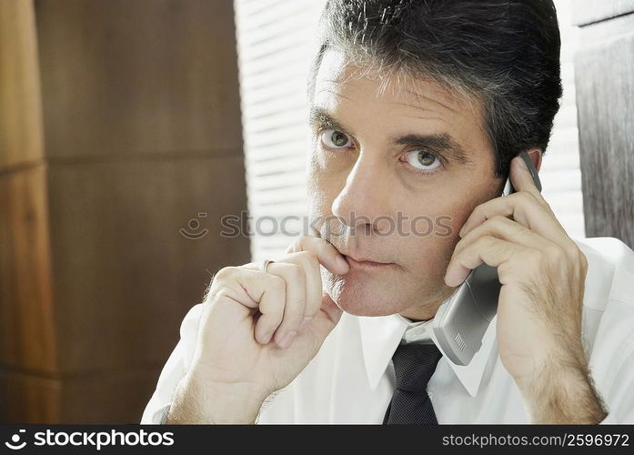 Portrait of a mature man talking on a mobile phone and thinking