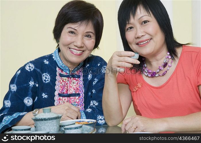Portrait of a mature woman and a senior woman sitting at a table