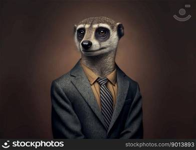 Portrait of a meerkat dressed in a formal business suit, generative ai