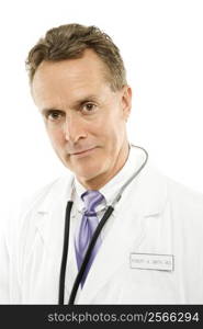 Portrait of a mid-adult Caucasian male doctor with stethoscope around his neck.