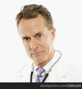 Portrait of a mid-adult Caucasian male doctor with stethoscope around his neck.