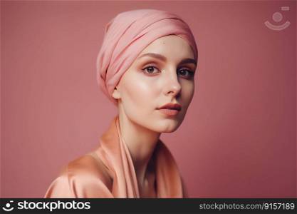 Portrait of a middle age bald woman wearing a pink headscarf by generative AI