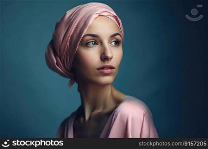 Portrait of a middle age bald woman wearing a pink headscarf by generative AI