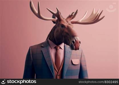 Portrait of a moose dressed in a formal business suit, character, generative ai