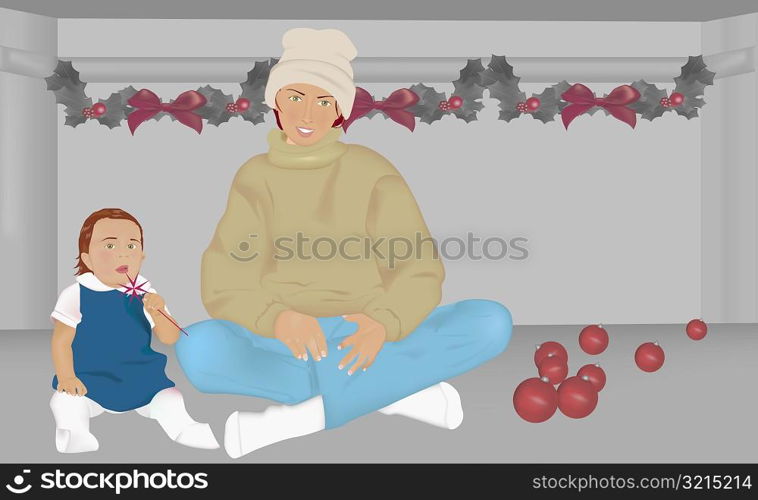 Portrait of a mother and her daughter sitting on the floor