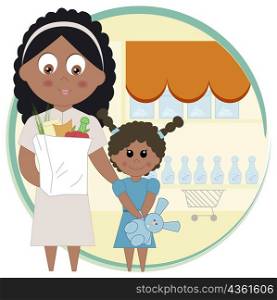 Portrait of a mother holing grocery bags with her daughter