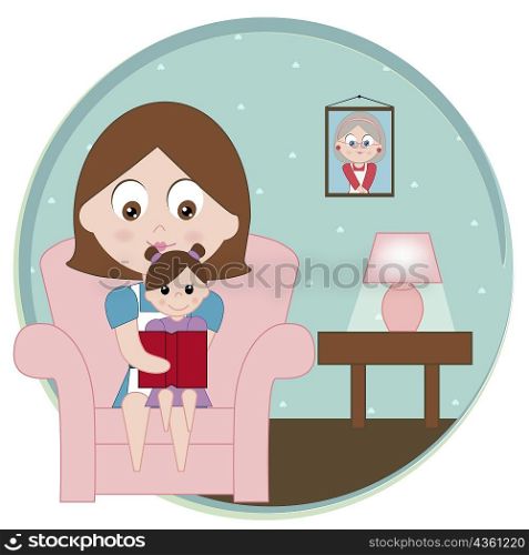 Portrait of a mother sitting with her daughter on an armchair