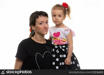 Portrait of a mother with a four-year-old daughter on a white background