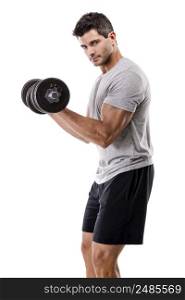Portrait of a muscular man lifting weights, isolated over a white background