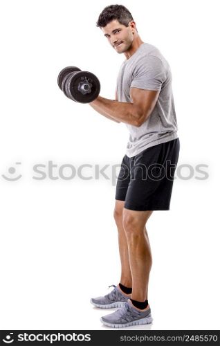 Portrait of a muscular man lifting weights, isolated over a white background. Athletic man making exercise