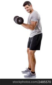 Portrait of a muscular man lifting weights, isolated over a white background. Athletic man making exercise
