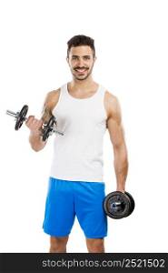 Portrait of a muscular man lifting weights, isolated over a white background