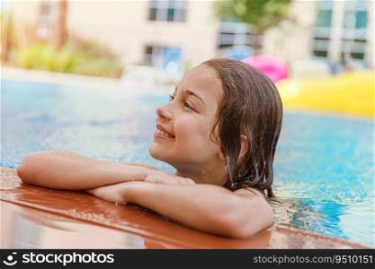Portrait of a nice girl enjoying time in the pool. Sweet child having fun on the beach resort. Summer vibe.. Cute little girl in the pool