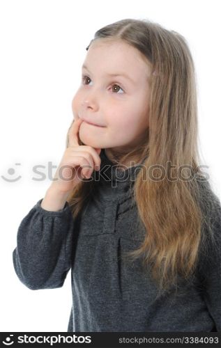 Portrait of a pensive little beautiful girl. Isolated on white background